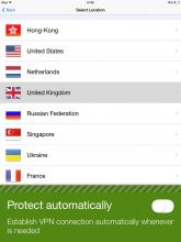 VPN counties list. 10 countries to choose from: USA, UK, Hong Kong, Singapore, Russia, Netherlands, Ukraine, Spain, Germany and France.