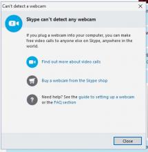 "Skype can't detect any camera" message error window